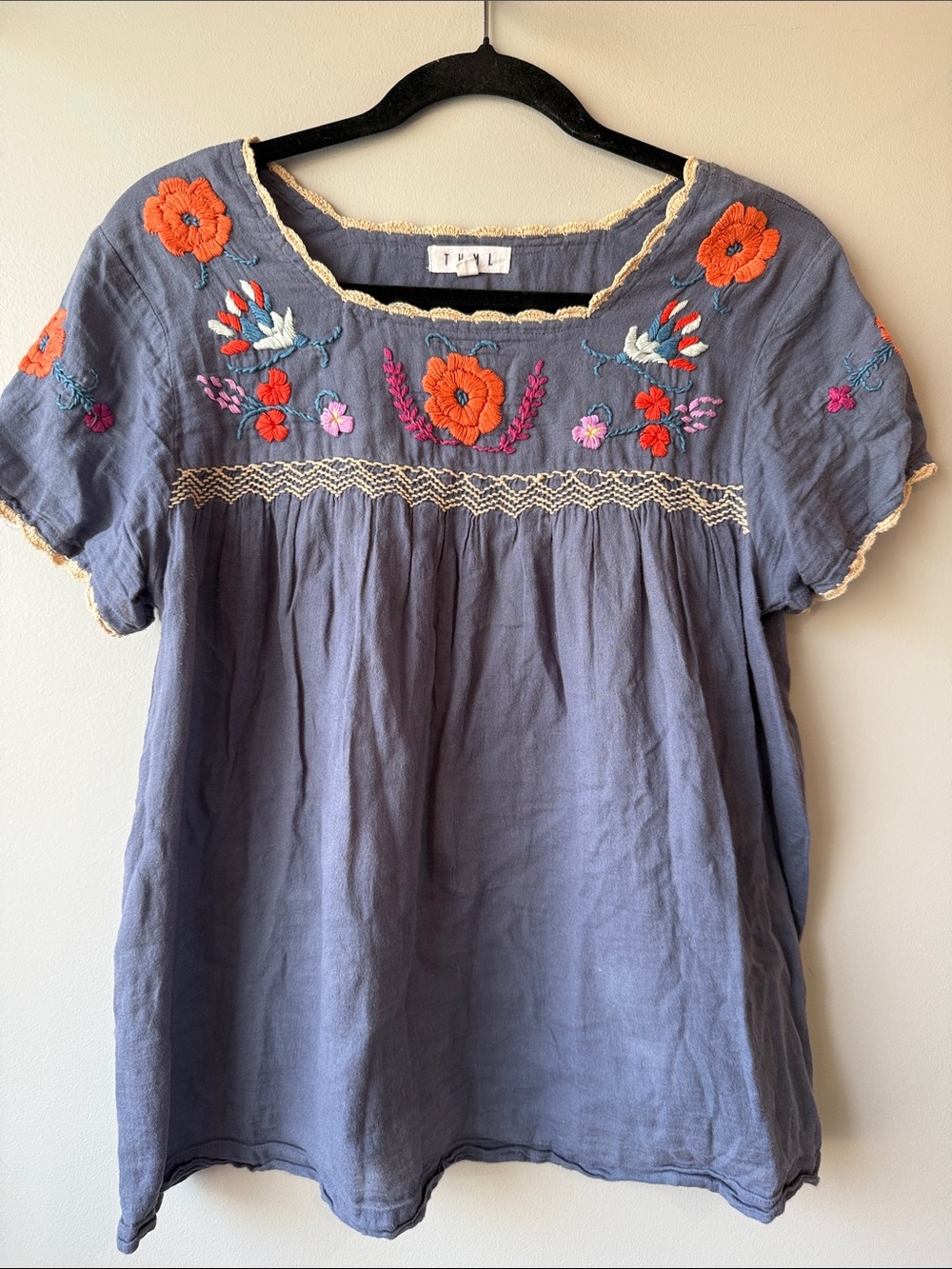 THML Blue Embroidered Peasant Tunic with Orange Floral Accents cotton gauze M